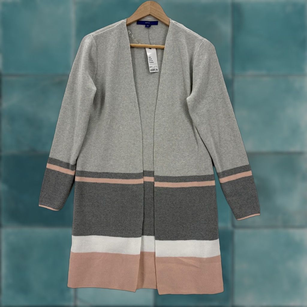 Apt. 9 Apt. 9 Cardigan Sweater Womens XS Gray Pink Colorblock Stripe Open Front NWT Size XS / US 0-2 / IT 36-38 - 1 Thumbnail