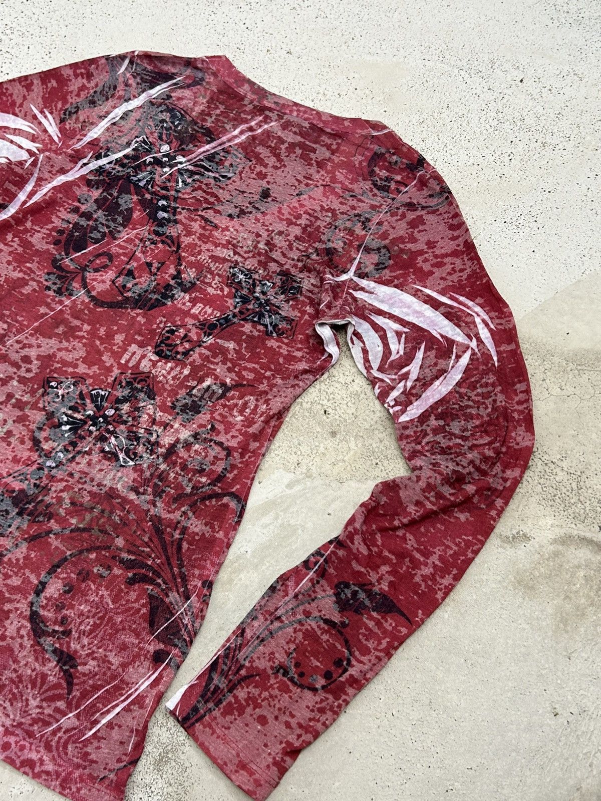 Designer × Japanese Brand Edgy Red L/ Sleeve Top –Distressed Print Angel Wing Graphics Size US XS / EU 42 / 0 - 13 Thumbnail