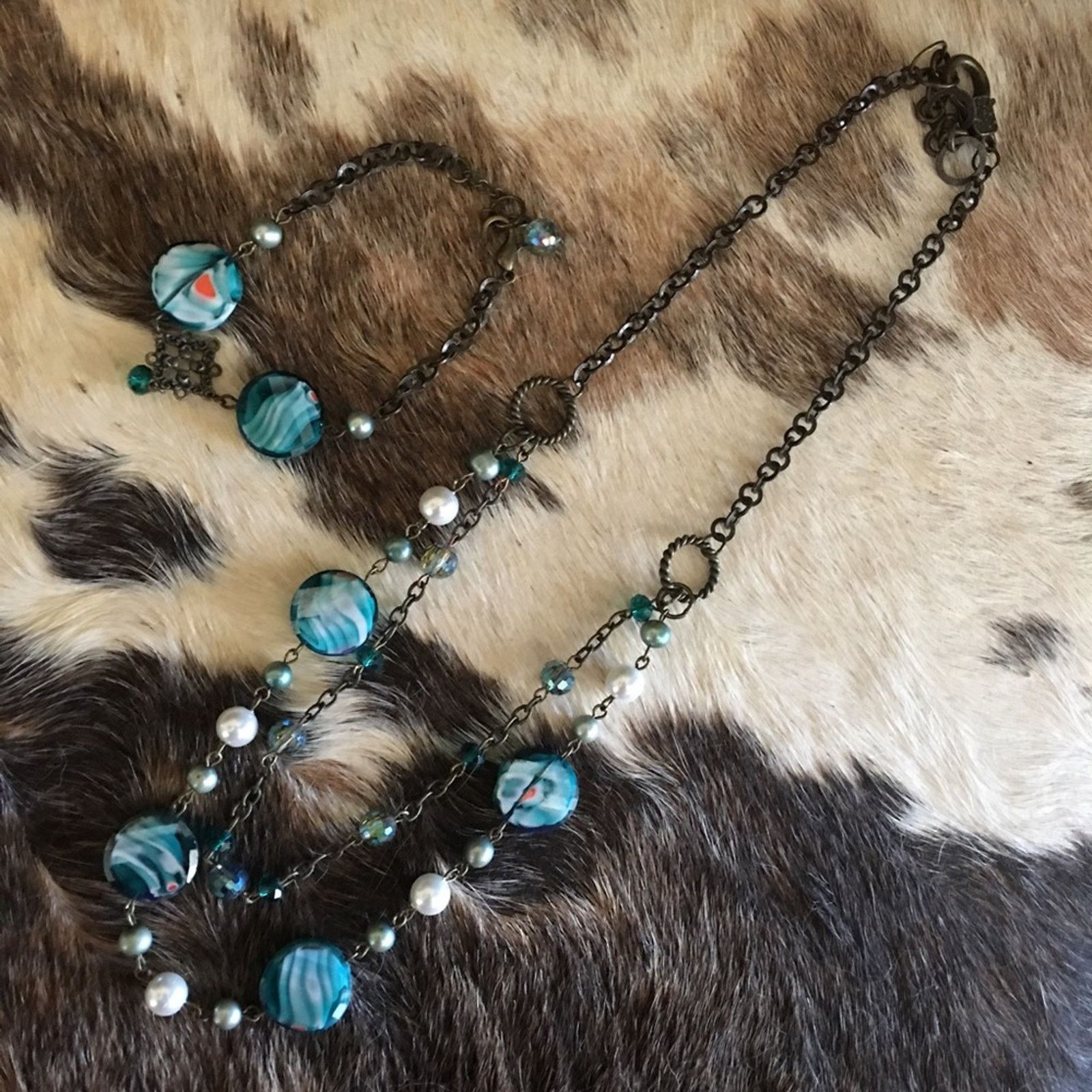 Jewelry Vintage cut marbled glass bead brass chain set Size ONE SIZE - 6 Thumbnail