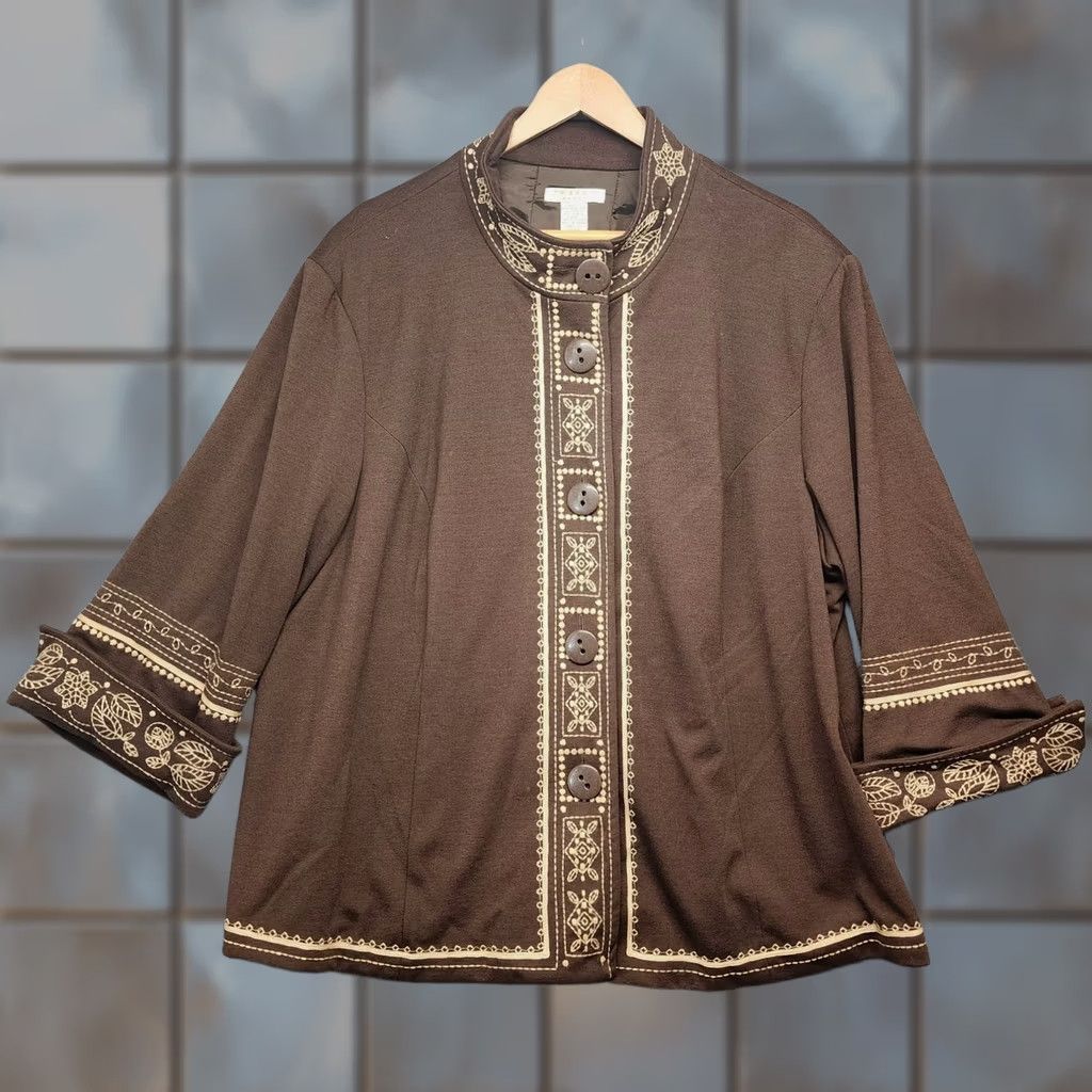 Vintage Tweeds Cardigan Jacket Womens 2XL Brown Geometric Embroidered Band Collar Stretch Size XXL / US 16-18 / IT 52-54 - 1 Thumbnail