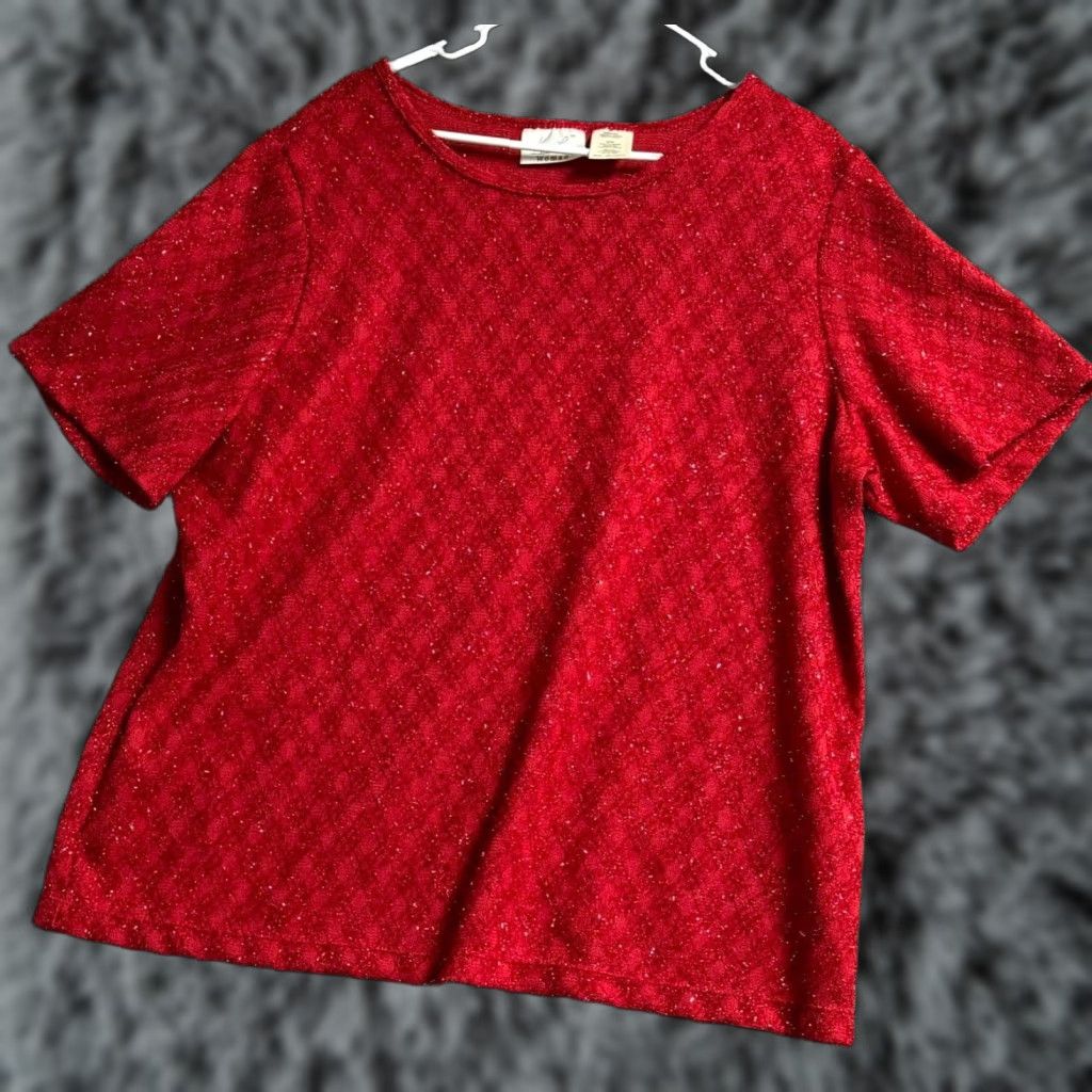 Lee VINTAGE Kathie Lee Blouse Womens Plus 22W/24W Sparkly 90s Christmas Holiday Glam Shirt Womens Plus 22W Red Ballad 90s Christmas Party/Cocktail Womens Size 3XL / US 20-22 - 1 Thumbnail
