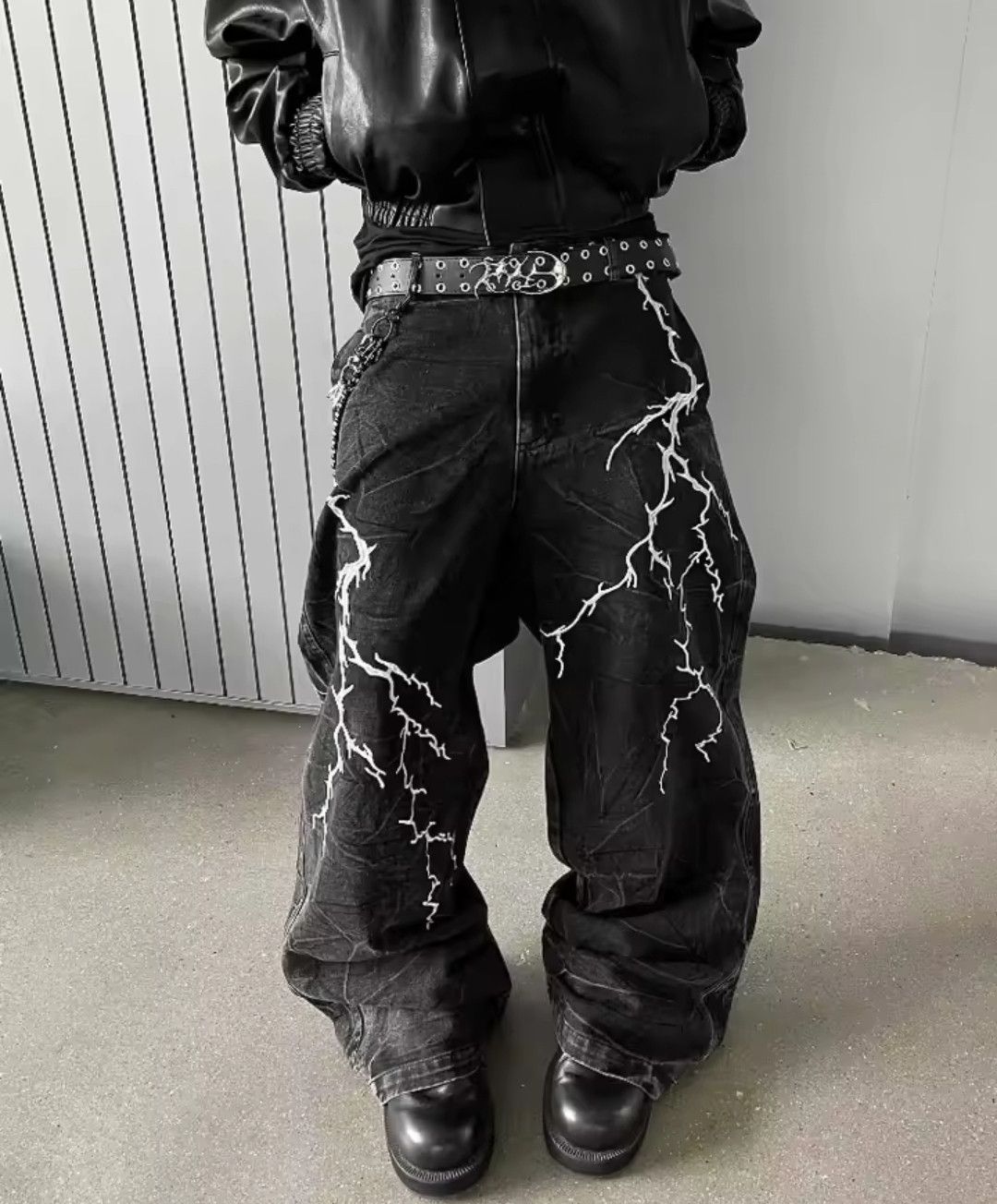 Black Creased Thunder Top Street Jeans Casual