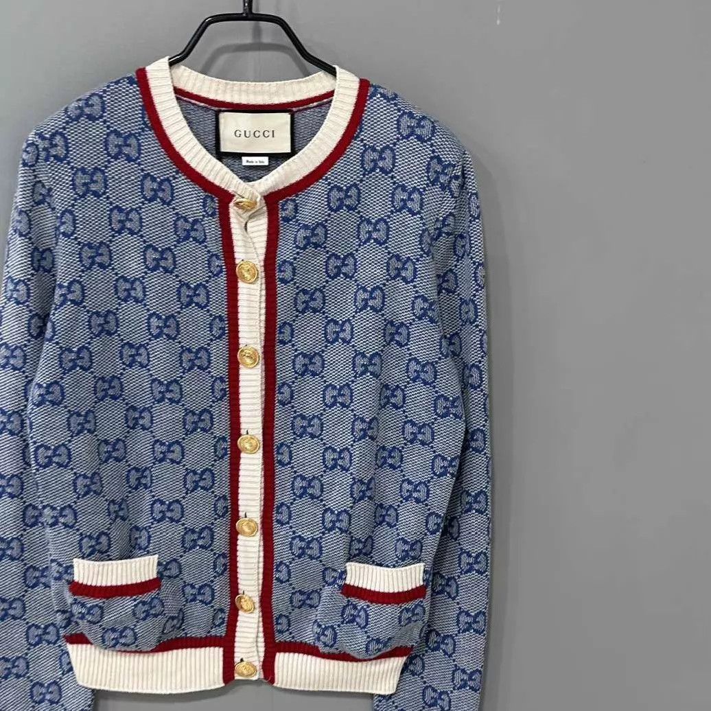 Gucci GUCCI blue all over logo gold button cardigan S Size S / US 4 / IT 40 - 2 Thumbnail