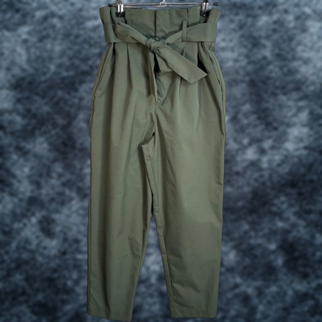 H&M VINTAGE H&M Pants Womens 6 Paperbag High-Waisted Olive Green Pleated Tie Belt & Pleated Size 28" / US 6 / IT 42 - 1 Thumbnail