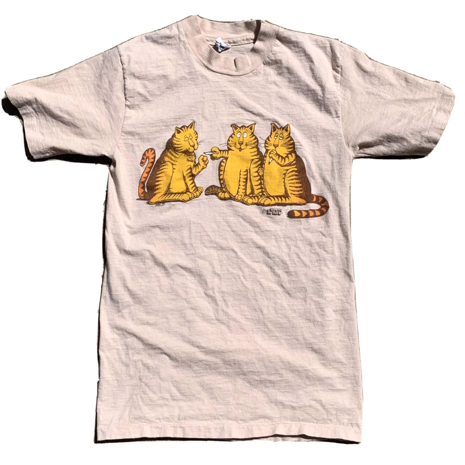 Hanes VINTAGE Hanes Beefy-T Cats Smoking T-Shirt S Beige 100% Cotton Mens 1980s Graphic Tee Short Sleeve Size US S / EU 44-46 / 1 - 2 Thumbnail