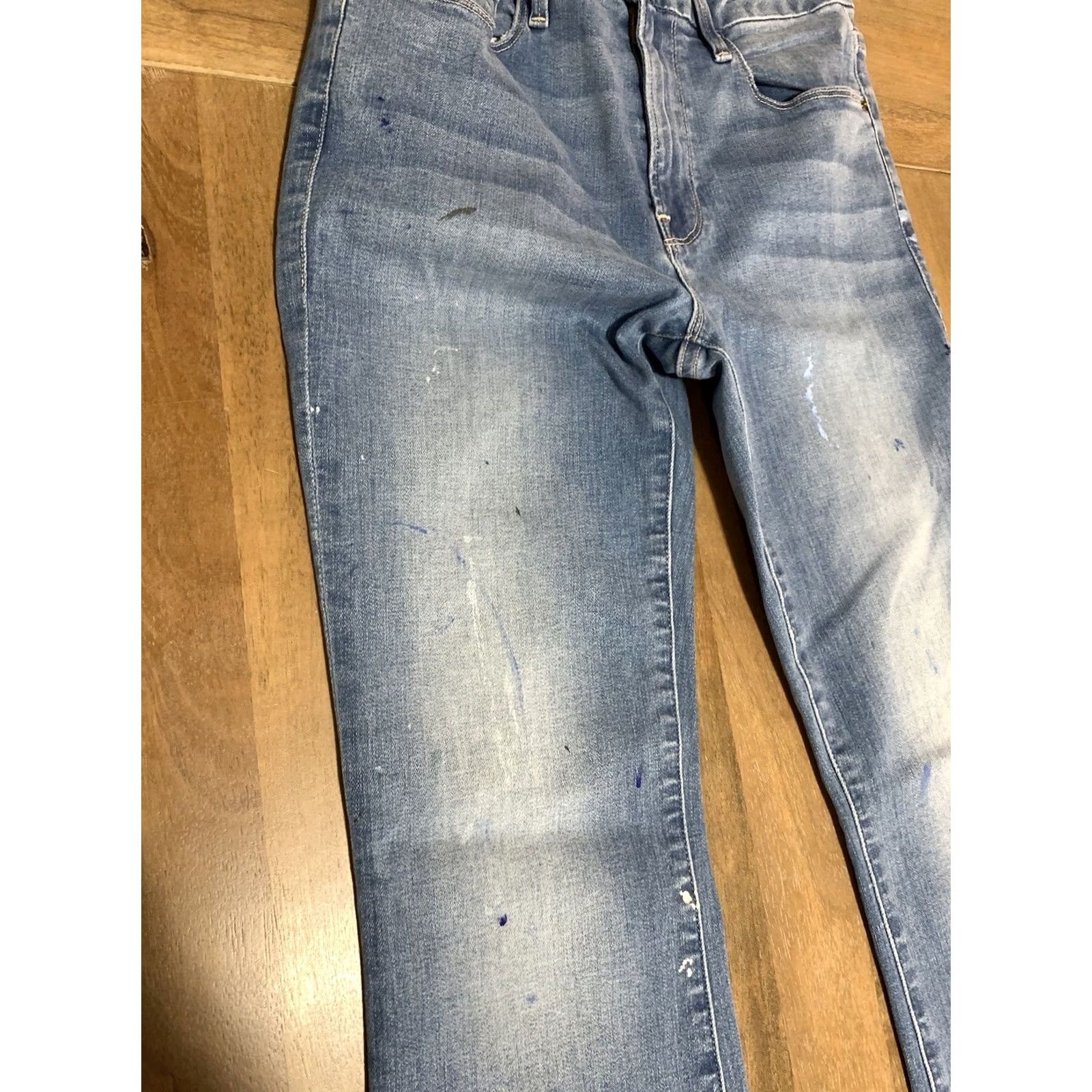 Frame FRAME Jeans Le Crop Flared Mini Boot Women 24x27 Paint Splatter Stretch Mid Rise Denim Cotton Blend Blue 27 Inseam Womens Jeans Size 42" / US 20 - 5 Thumbnail