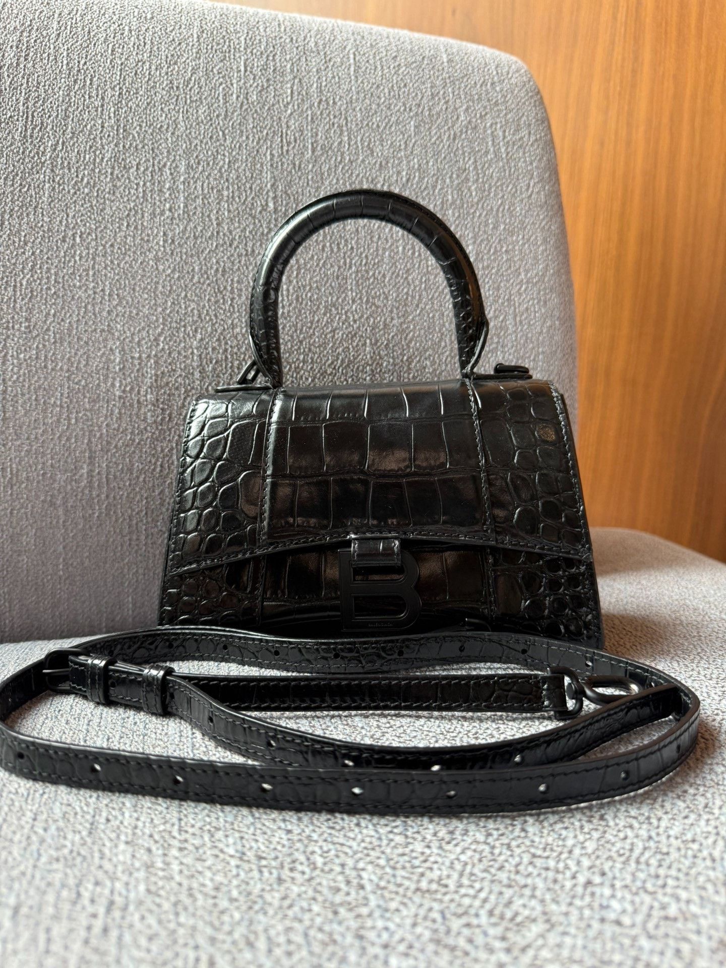Balenciaga Hourglass Black Crocodile Xs Bag, Women's