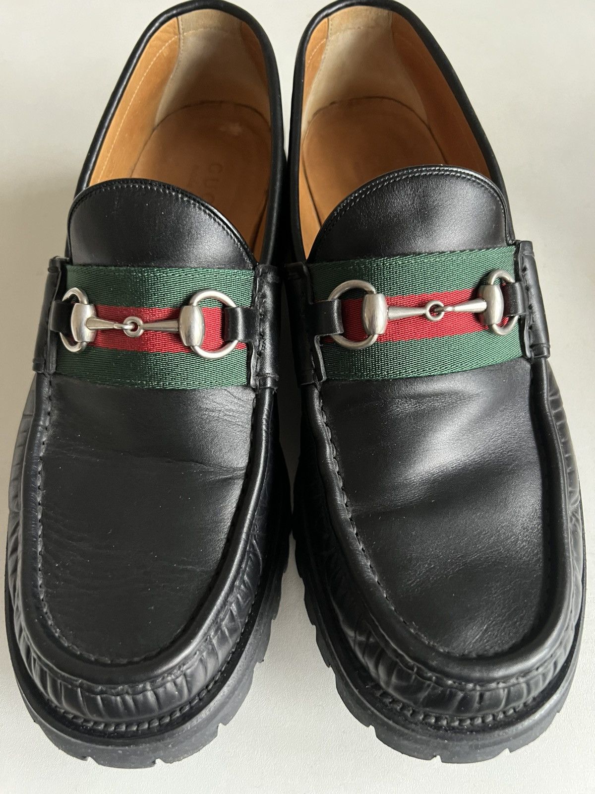 Gucci Gucci Black Leather Horsebit Web Lug Sole Loafer Men Sz US10 Size US 9.5 / EU 42-43 - 10 Thumbnail