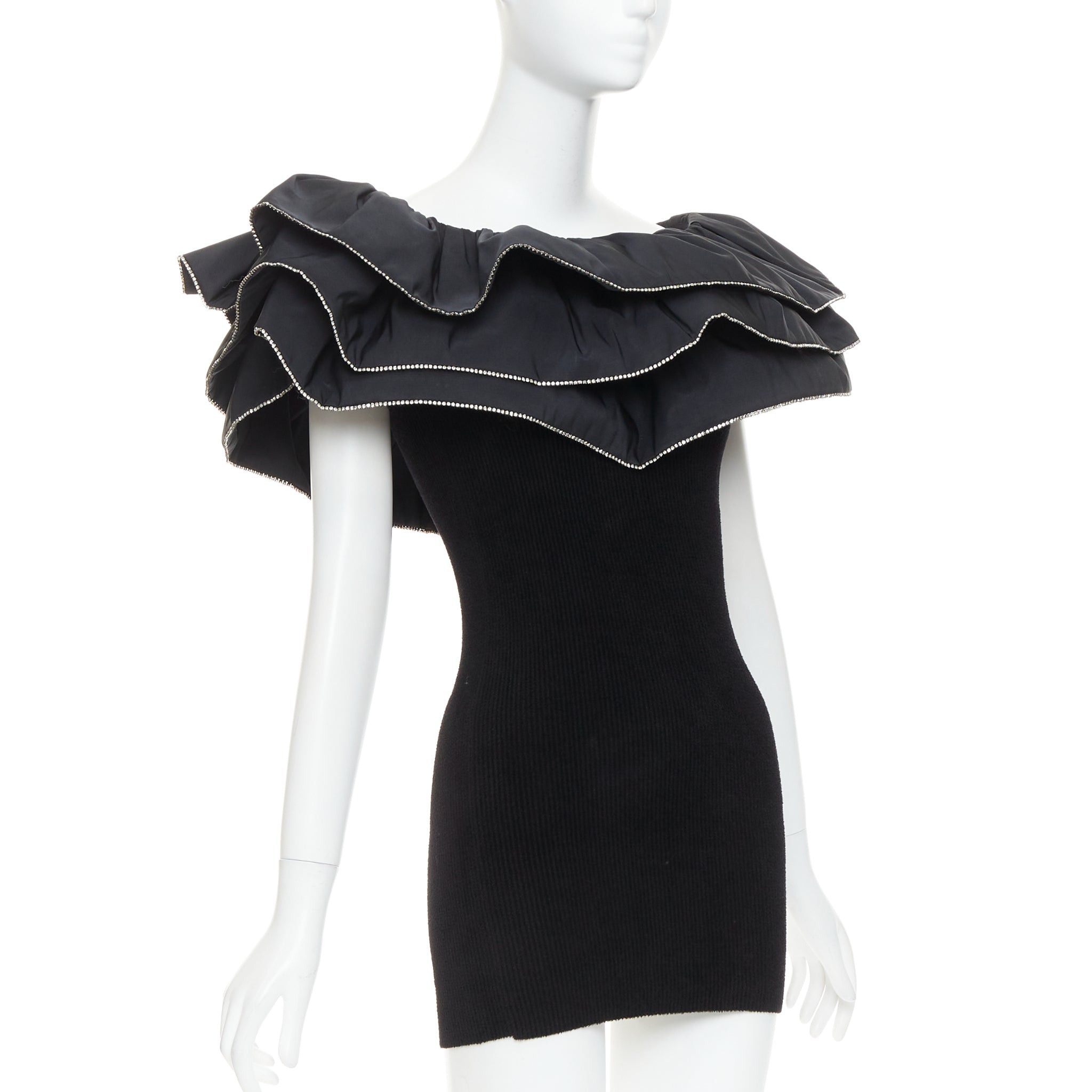Alexandre Vauthier ALEXANDRE VAUTHIER 2024 black ribbed velour knit crystal trim ruffle mini dress Size S / US 4 / IT 40 - 1 Thumbnail