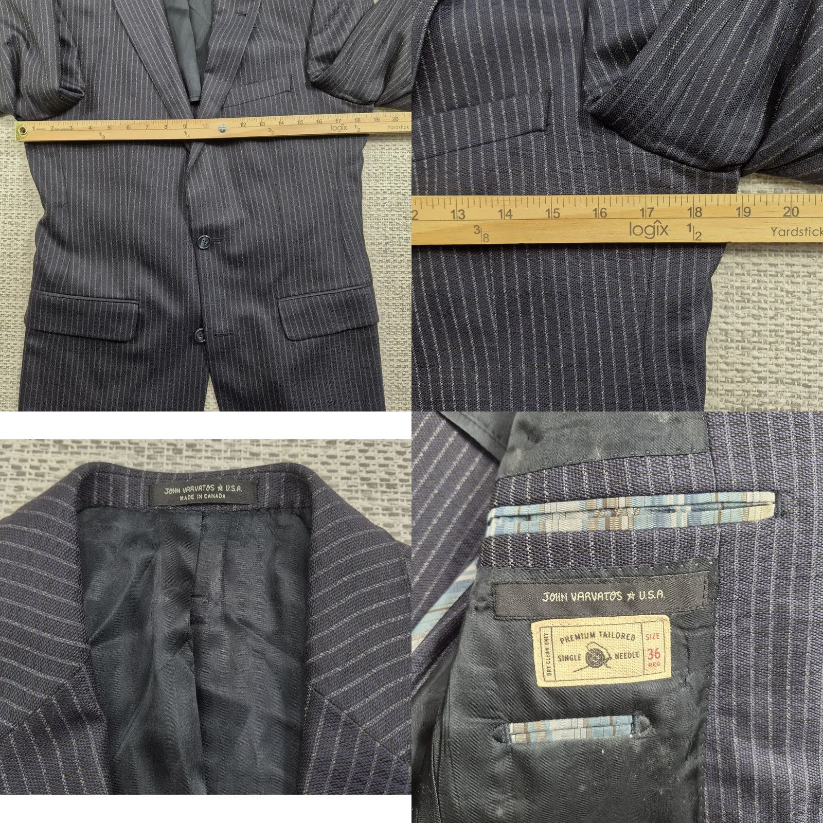 John Varvatos John Varvatos Suit Jacket Mens 36R Blue Pinstripe Wool Two Button Made In Canada Jacket Front Button Style: Two-Button Size 36R - 8 Thumbnail