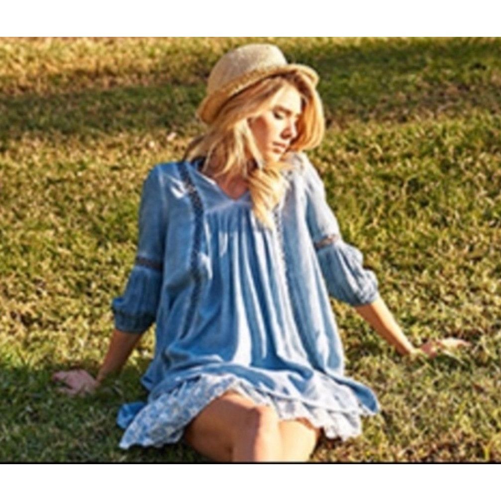 Other Dusty Blue Crochet Trim Relaxed Tunic Mini Shirt Dress | Coa Size S / US 4 / IT 40 - 10 Thumbnail
