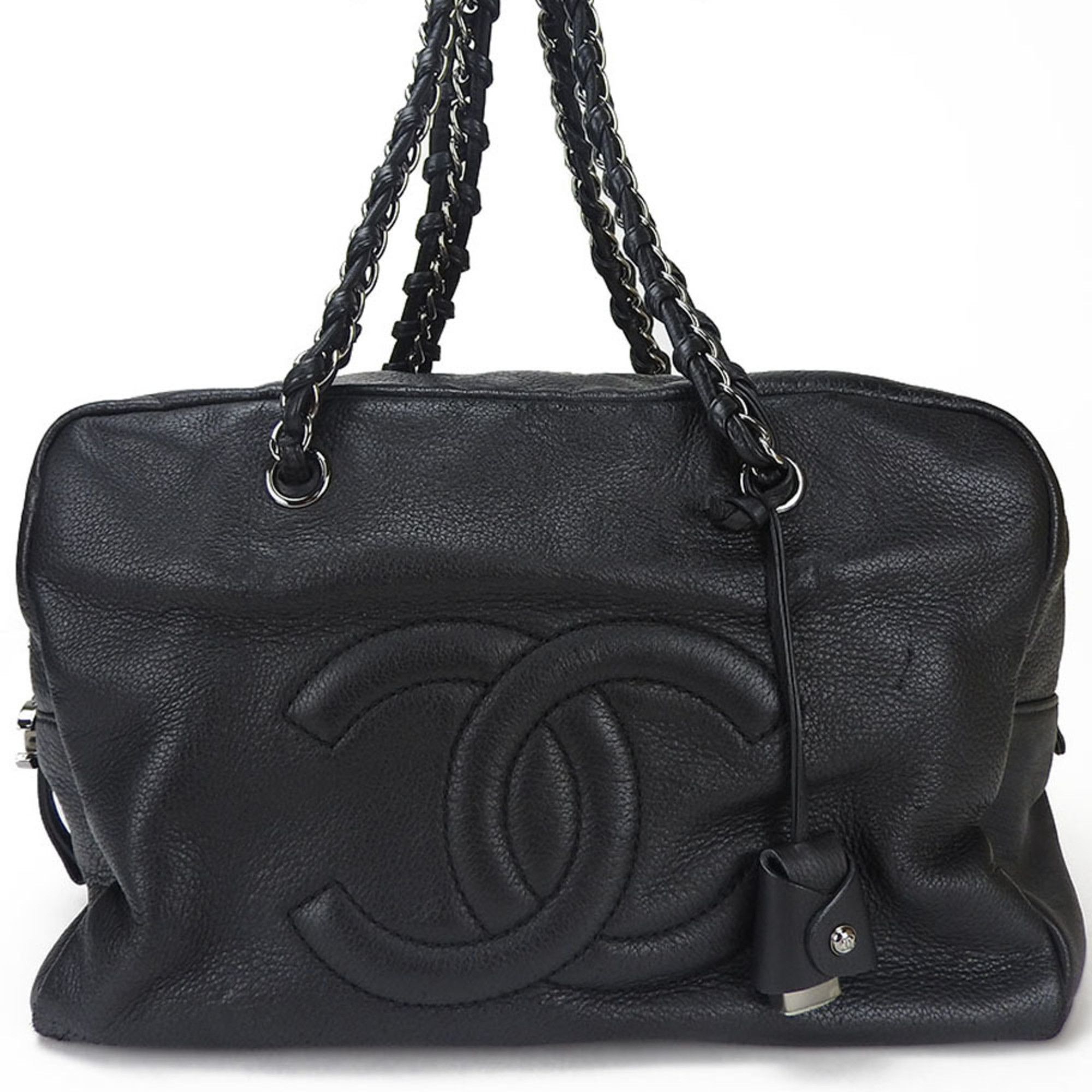image of Chanel Chain Boston Bag Handbag Leather Black 10 Series Here Mark Ladies Boston, Women's