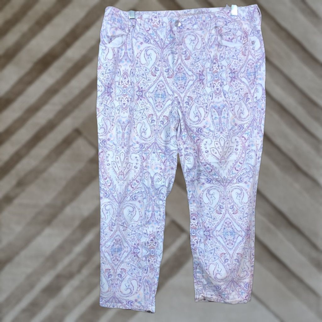 Vintage Chicos Womens Jeans White Purple Paisley Denim Girlfriend Slim Crop Stretch 2.5 14 Plus High Rise 5-Pocket Size 36" / US 14 / IT 50 - 1 Thumbnail