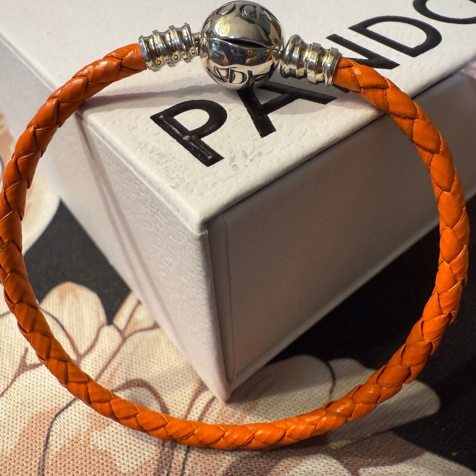 pandora Authentic Pandora, 19CM, Orange Braided Leather Bracelet, Si Size ONE SIZE - 1 Thumbnail