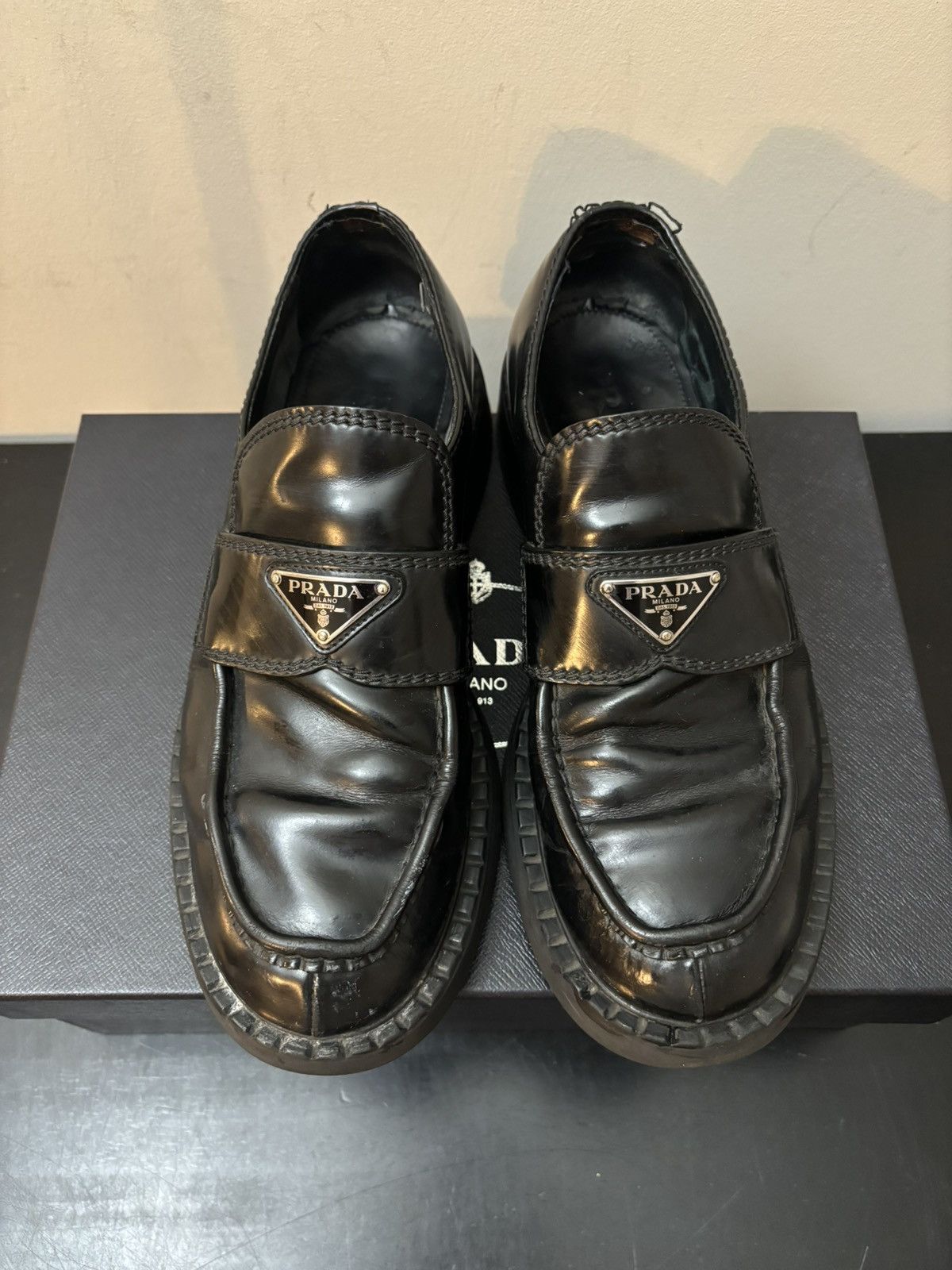 Prada Prada Triangle Logo Chocolate Brushed Patent Leather Loafers Size US 8 / EU 41 - 2 Thumbnail