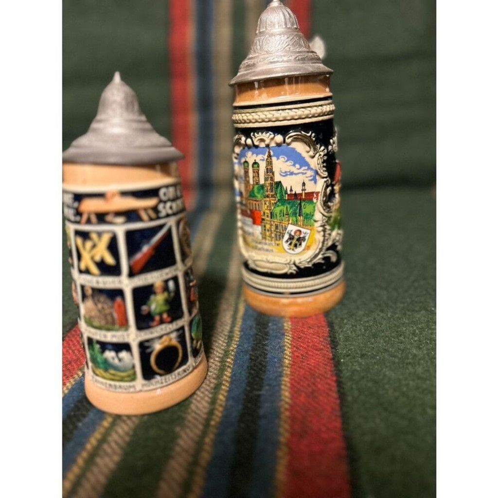 The Unbranded Brand 2 Large 20th Century German Ceramic Beer SteinwithPewter Lid Size ONE SIZE - 5 Thumbnail