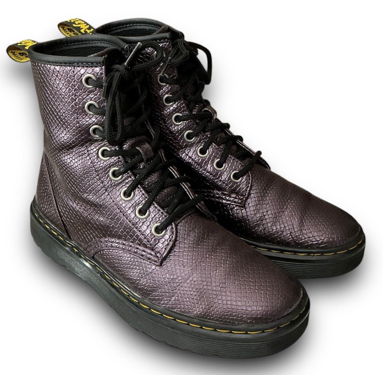 Dr. Martens Zavala Oxblood Metallic Reptile Snake Embossed Combat Boots Size US 6 / IT 36 - 10 Thumbnail