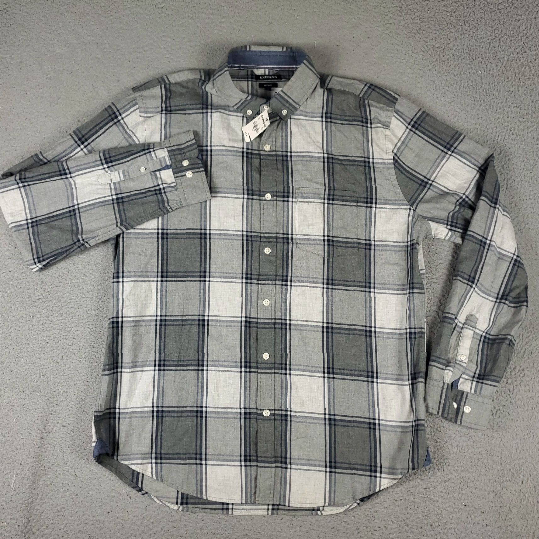 Express Express Shirt Mens XL Gray Plaid Button-Up Long Sleeve - Cotton, Woven, Regular Fit, Collared, Office/Casual, Button Front - Express Brand Mens Shirt Size US XL / EU 56 / 4 - 2 Thumbnail