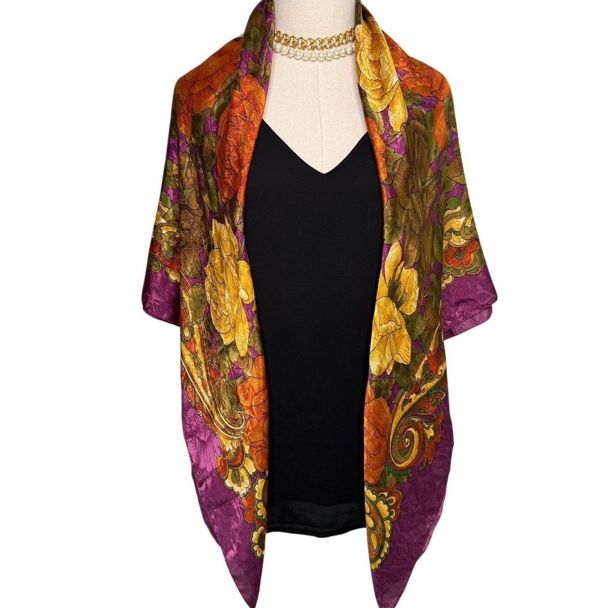 Vintage × Worthington Vintage XL jacquard satin paisley floral scarf wrap 46” sq Size ONE SIZE - 7 Thumbnail