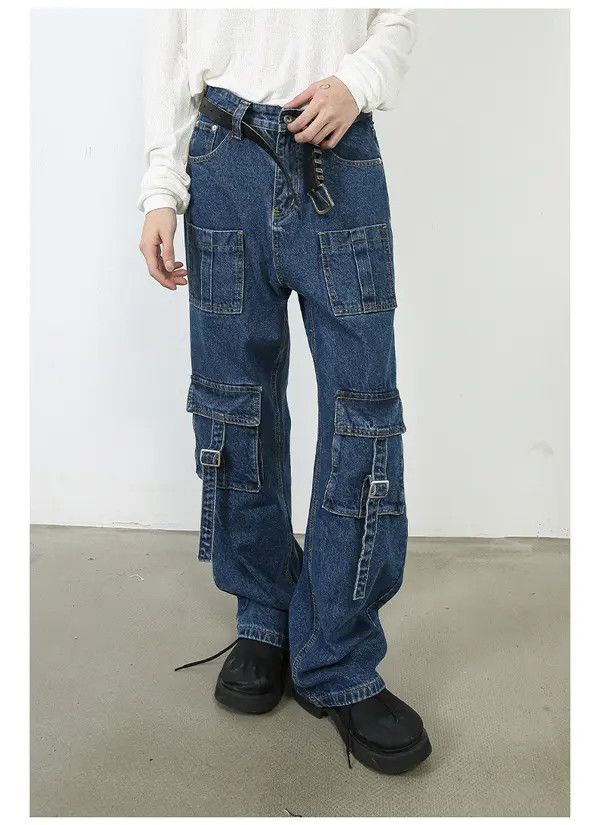 Japanese Brand Men's multi-pocket washed vintage wide-leg cargo jeans Size US 32 / EU 48 - 8 Thumbnail