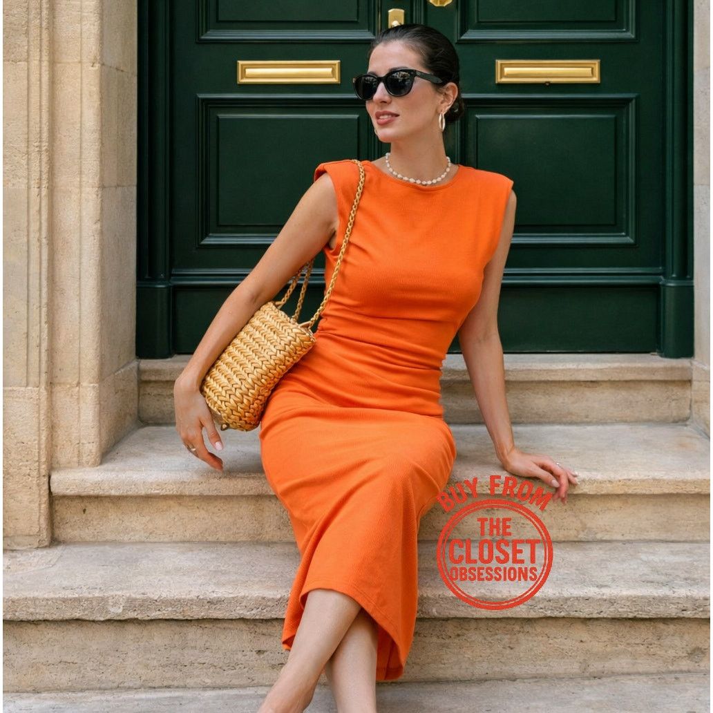 ZARA Orange Fitted Midi Dress NWT