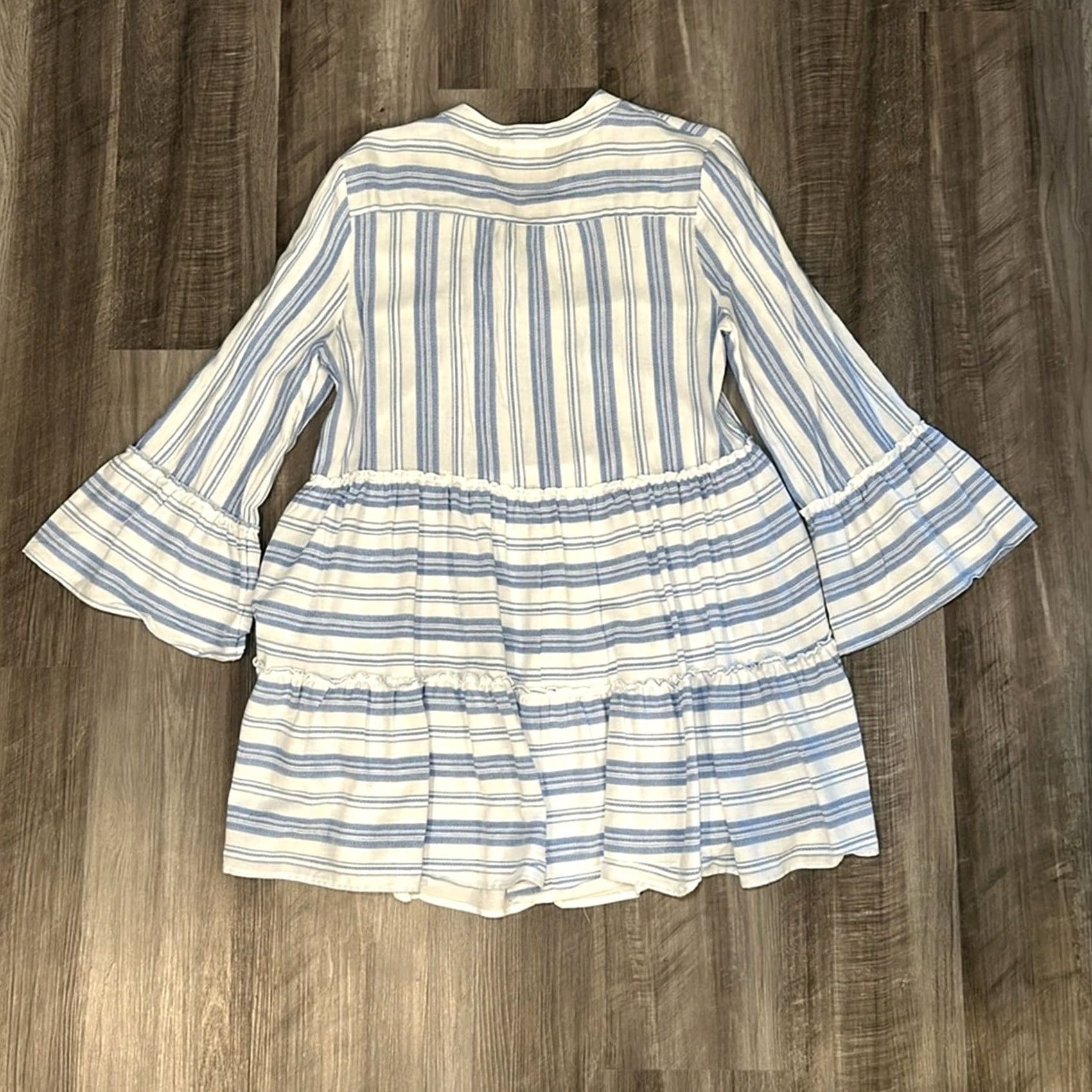 Vintage ENTRO Striped Tiered Flared Long Sleeve V-Cut Dress - Large Blue Women Knee Length Rayon Blend Dress Size L / US 10 / IT 46 - 2 Thumbnail