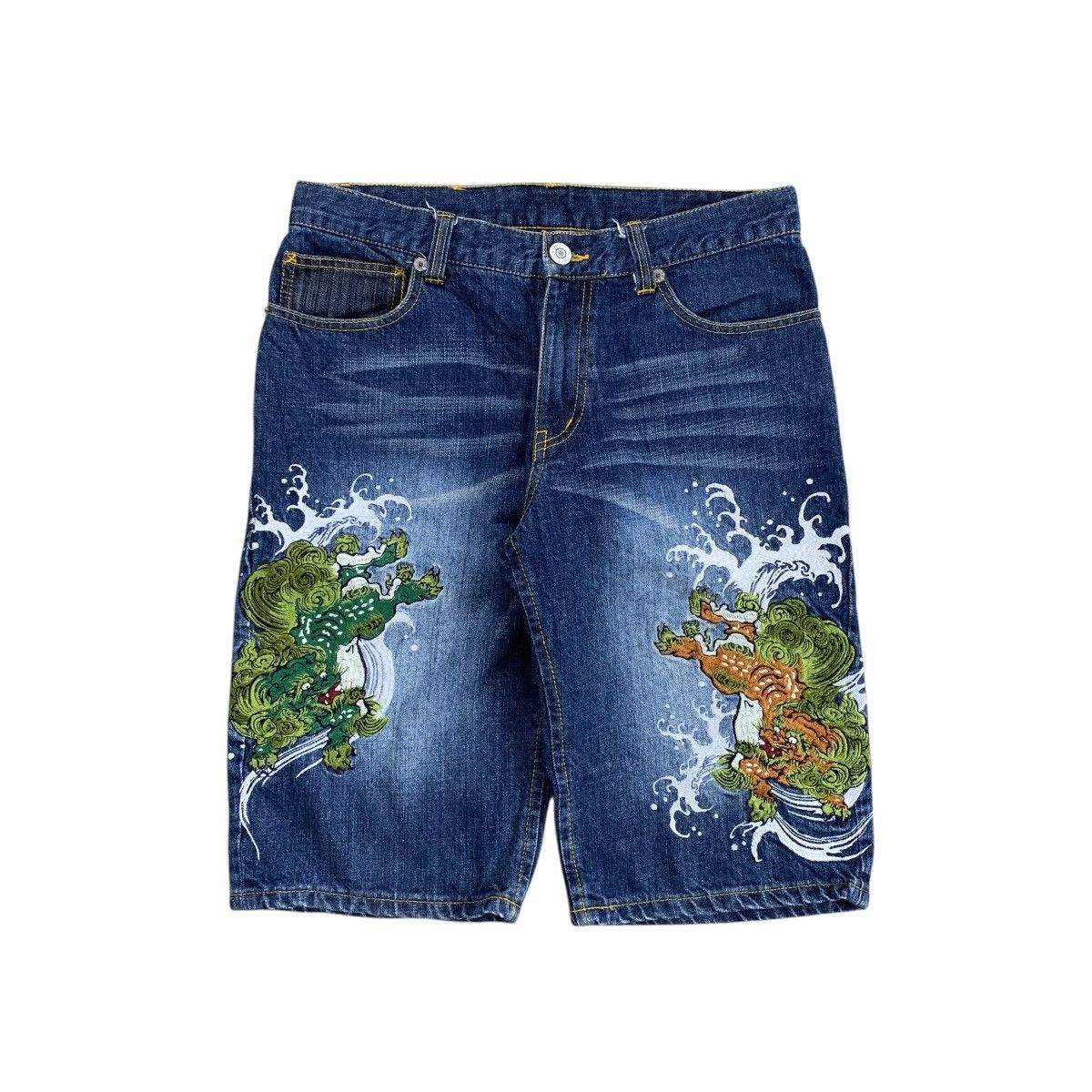 Japanese Brand Naminoritatsujin Karakuri Embroidered Jorts Denim Pants Size US 32 / EU 48 - 2 Thumbnail