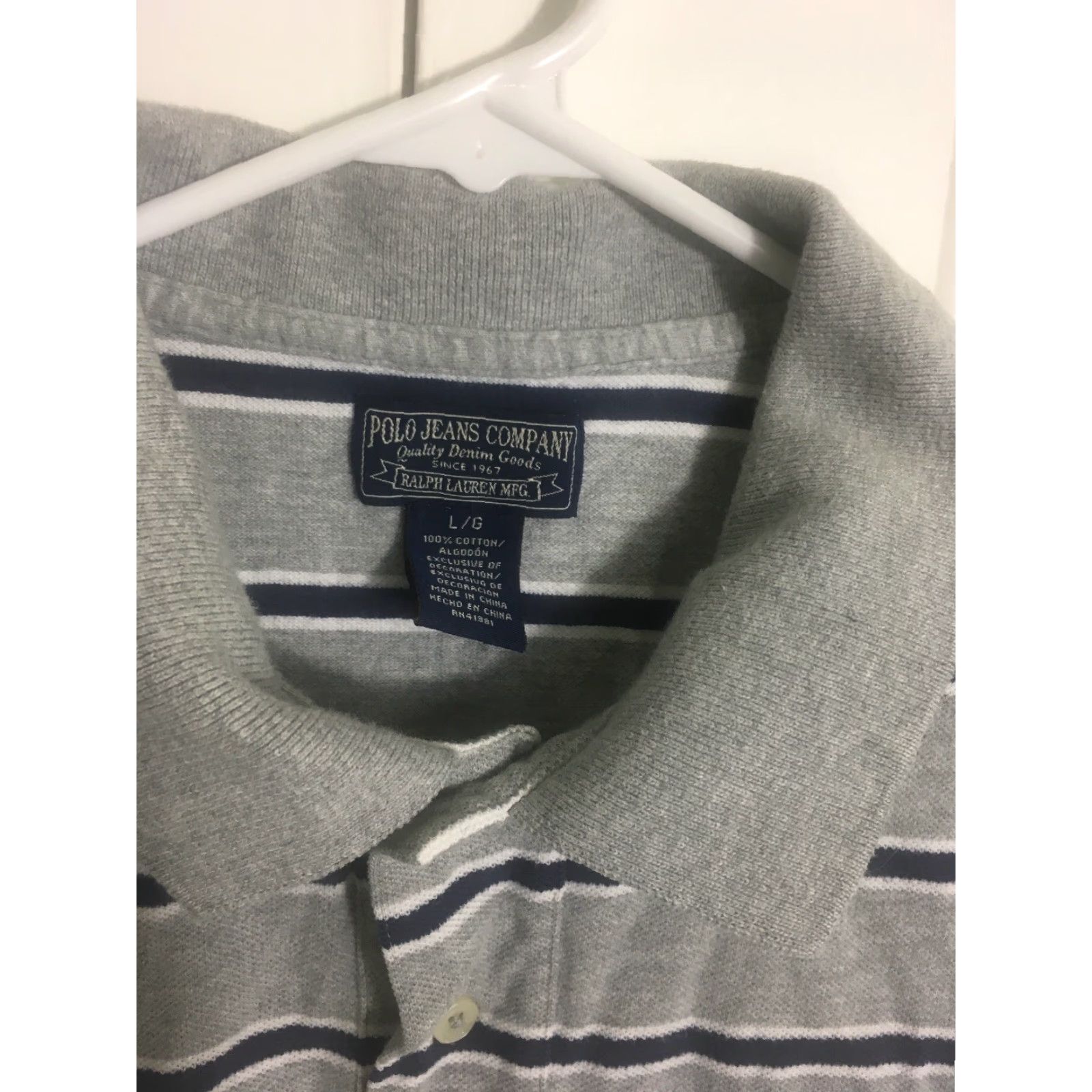 Vintage Ralph Lauren Polo Jeans Co. Mens L Short Sleeve Gray Navy Blue Stripe Polo Shirt Size US L / EU 52-54 / 3 - 3 Thumbnail