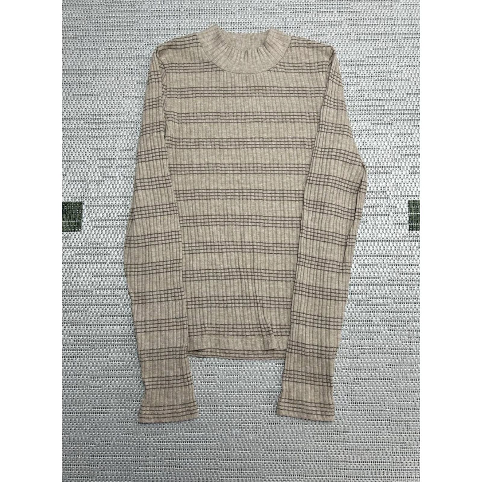 Vince Vince Womens Small Beige Mock Neck Rib Stripe Sweater Knit Pullover Tight Knit Casual Shirt Size S / US 4 / IT 40 - 2 Thumbnail