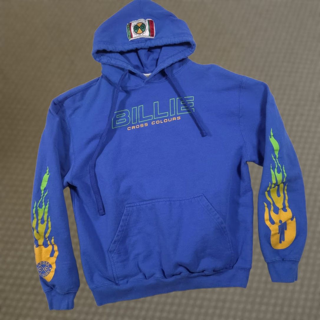 Vintage Cross Colours Hoodie Mens M Blue Pullover Billie Eilish Flames Graphic Size US M / EU 48-50 / 2 - 1 Thumbnail