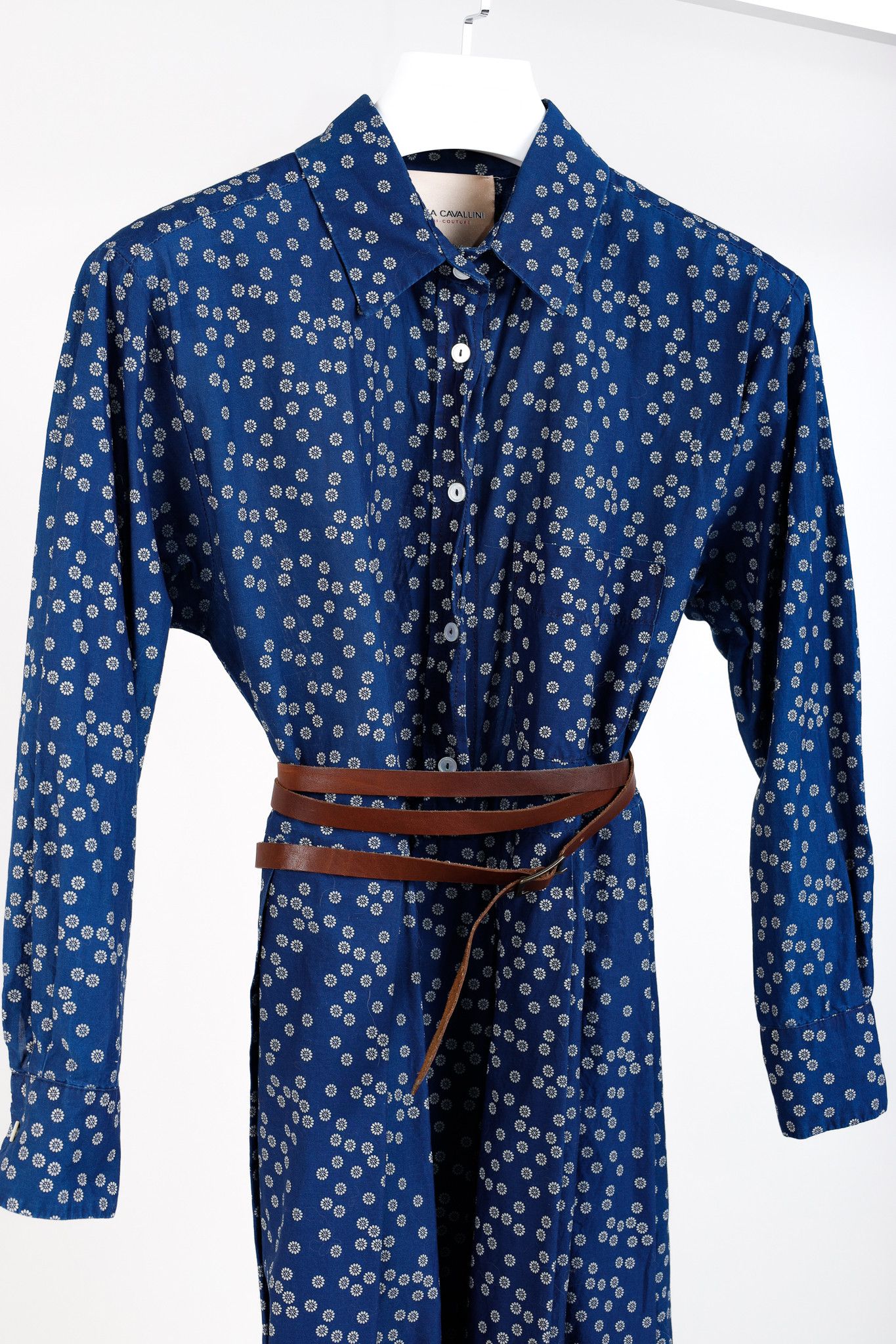 Designer Erika Cavallini SS/15 Blue Daisy Cotton Belted Shirt Dress Size XS / US 0-2 / IT 36-38 - 3 Thumbnail