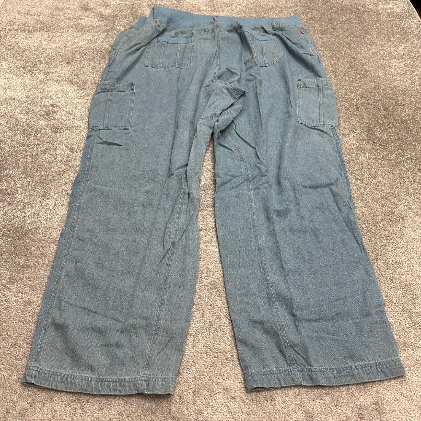 Vintage Woman Within Jeans Women 32 Tall Blue Cargo Wide-Leg Chambray Denim Button Elastic Waist High Rise Size 24" / US 00 / IT 34 - 2 Thumbnail