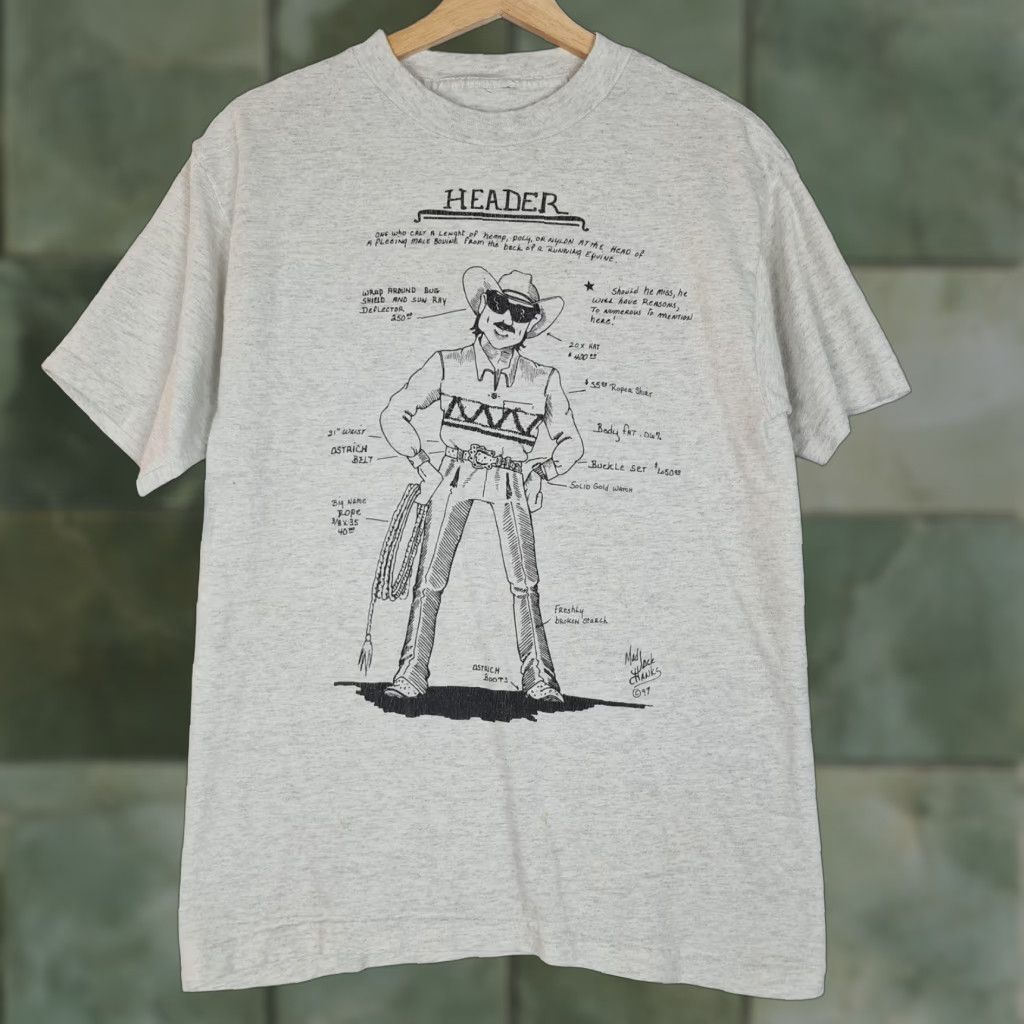 Vintage VINTAGE Mad Jack Hanks Shirt Mens Small Gray Graphic Print Double-Sided Crew Neck Cowboy Rodeo Humor Striped Heather Size US S / EU 44-46 / 1 - 1 Thumbnail