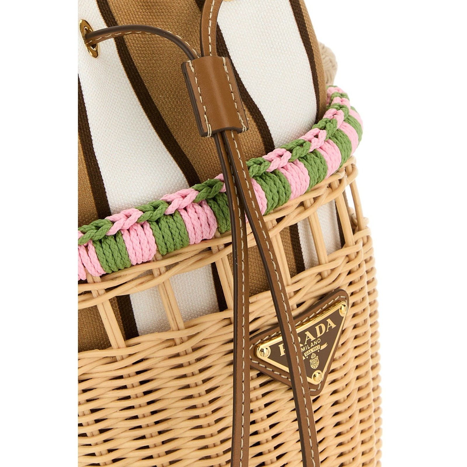 Prada PRADA Mini Basket Pink Striped Beige Brown Wicker Shopper Sh Size ONE SIZE - 4 Thumbnail