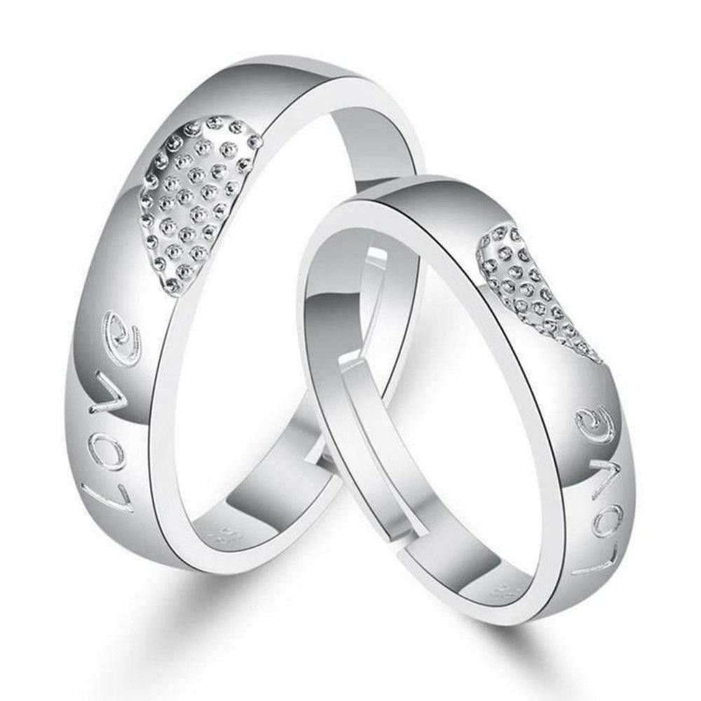 Designer 2pcs Sterling Silver Matching Heart Love Open Couple Rings Size ONE SIZE - 4 Thumbnail