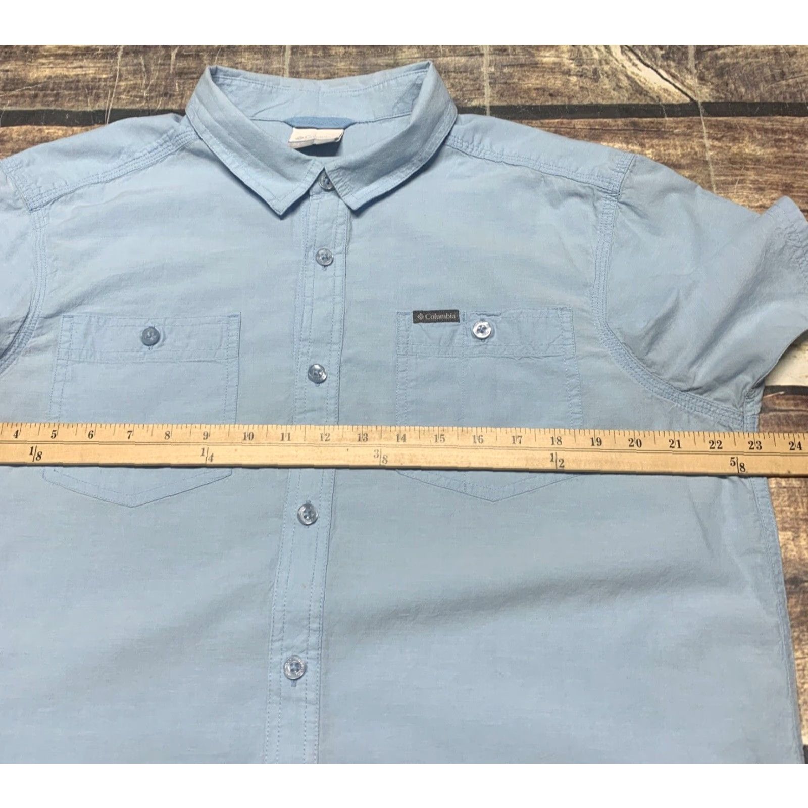 Vintage Columbia Mens Button-Down Short Sleeve Shirt L Blue Solid Cotton Regular Size Large Size US 33 - 4 Thumbnail