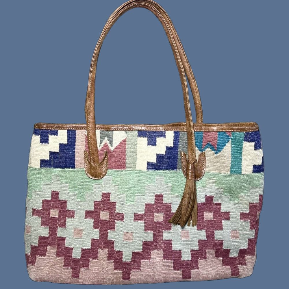 Vintage VINTAGE Cute Woven Aztec Kilim Leather Trim Bag Shoulder Purse Size ONE SIZE - 1 Thumbnail