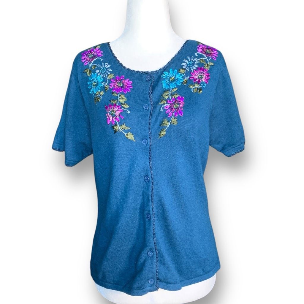 Vintage Vintage R&K Originals Teal Blue Floral Short Sleeve Knit Car Size L / US 10 / IT 46 - 10 Thumbnail