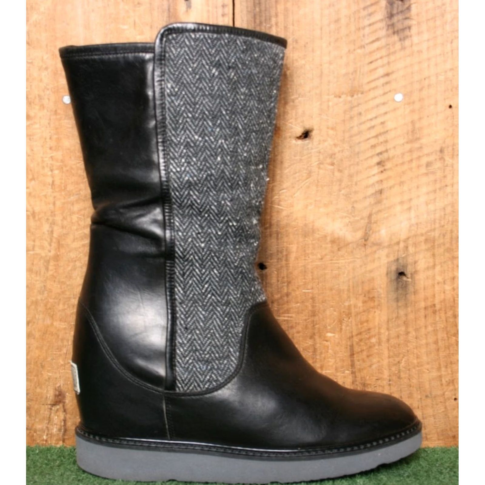 Ugg UGG Black Leather & Herringbone Wool Fur Lined Boots High Heel Wedge Sz. 8 Womens Mid-Calf Zip Leather Wool Shearling Style Size US 7 / IT 37 - 2 Thumbnail