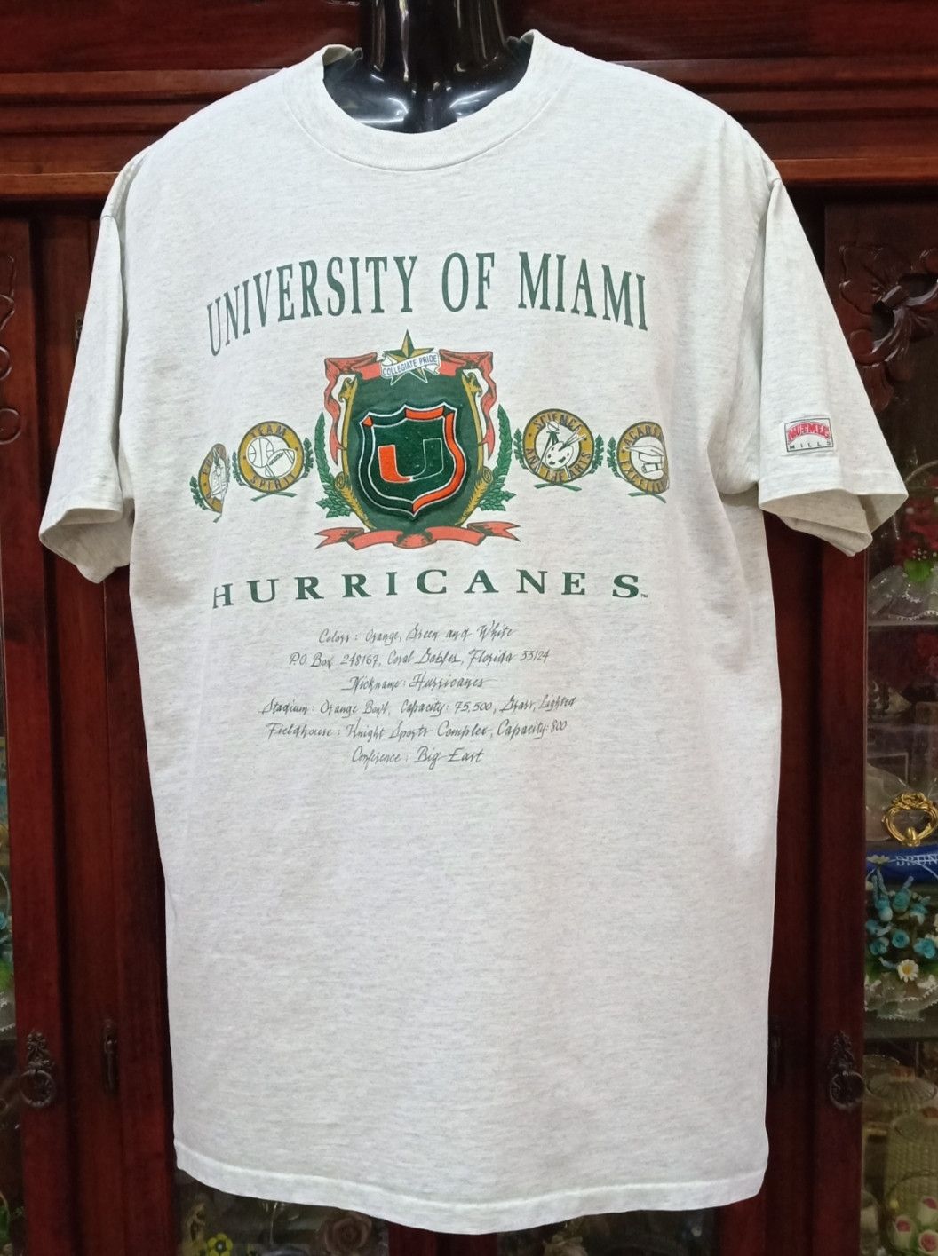 image of American College x Nutmeg Mills Vintage 90's University Of Miami Hurricanes T-Shirt in White (Size 