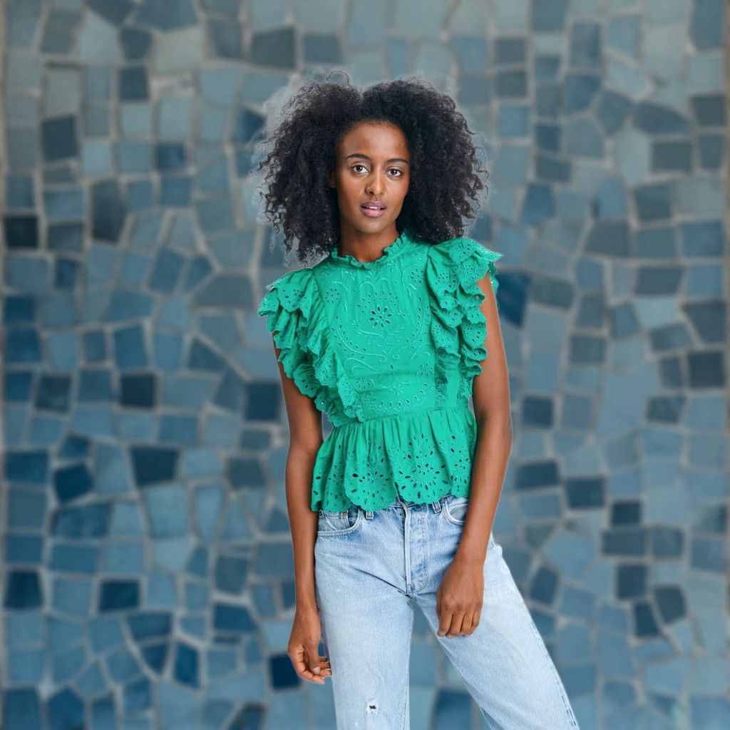 Vintage Love The Label Lea High Neck Ruffle Blouse Top Kelly Green Women's L New Size L / US 10 / IT 46 - 1 Thumbnail