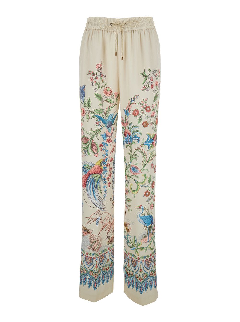 Etro White Pants with Elastic Waist and Drawstring and All-Over Floral Print in Tech Fabric for Women Size 28" / US 6 / IT 42 - 1 Thumbnail