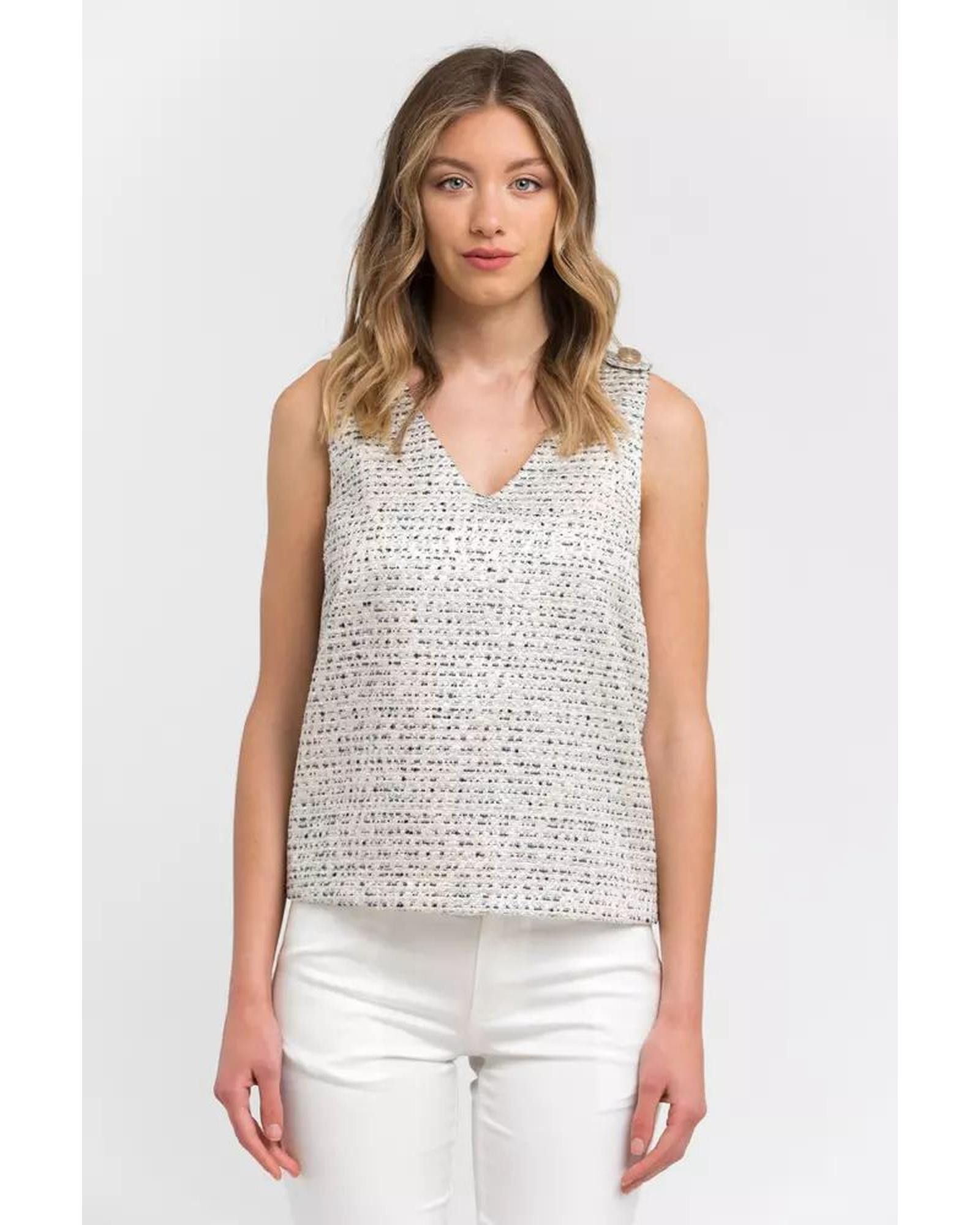 image of Trussardi Jacquard V-Neck Top With Glossy Shoulder Buttons in Beige, Women's (Size Small)