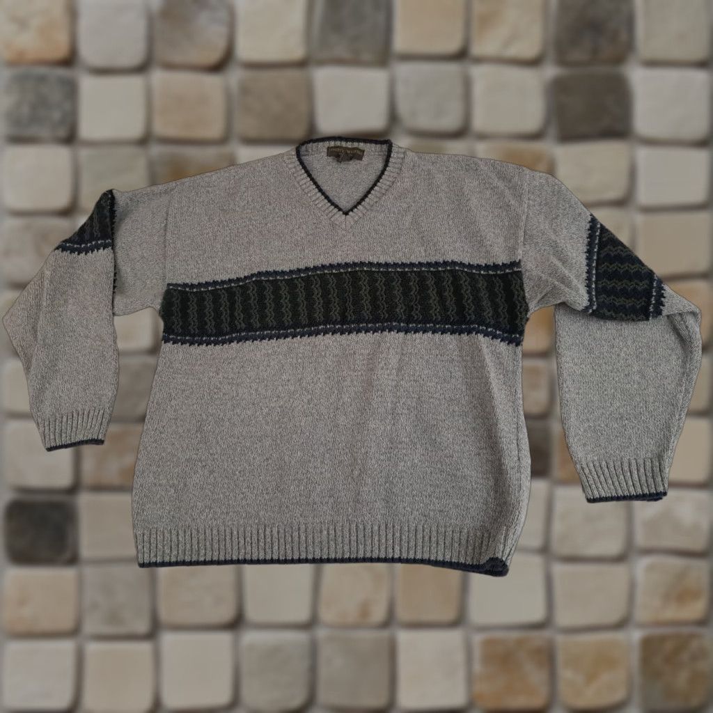 Vintage VINTAGE Liberty Sweater Knit V-Neck Pullover Unisex Adults XL Gray-Black-Green Cotton Knit Long Sleeve 25in 24in Pit to Pit USA Made Size US XL / EU 56 / 4 - 1 Thumbnail