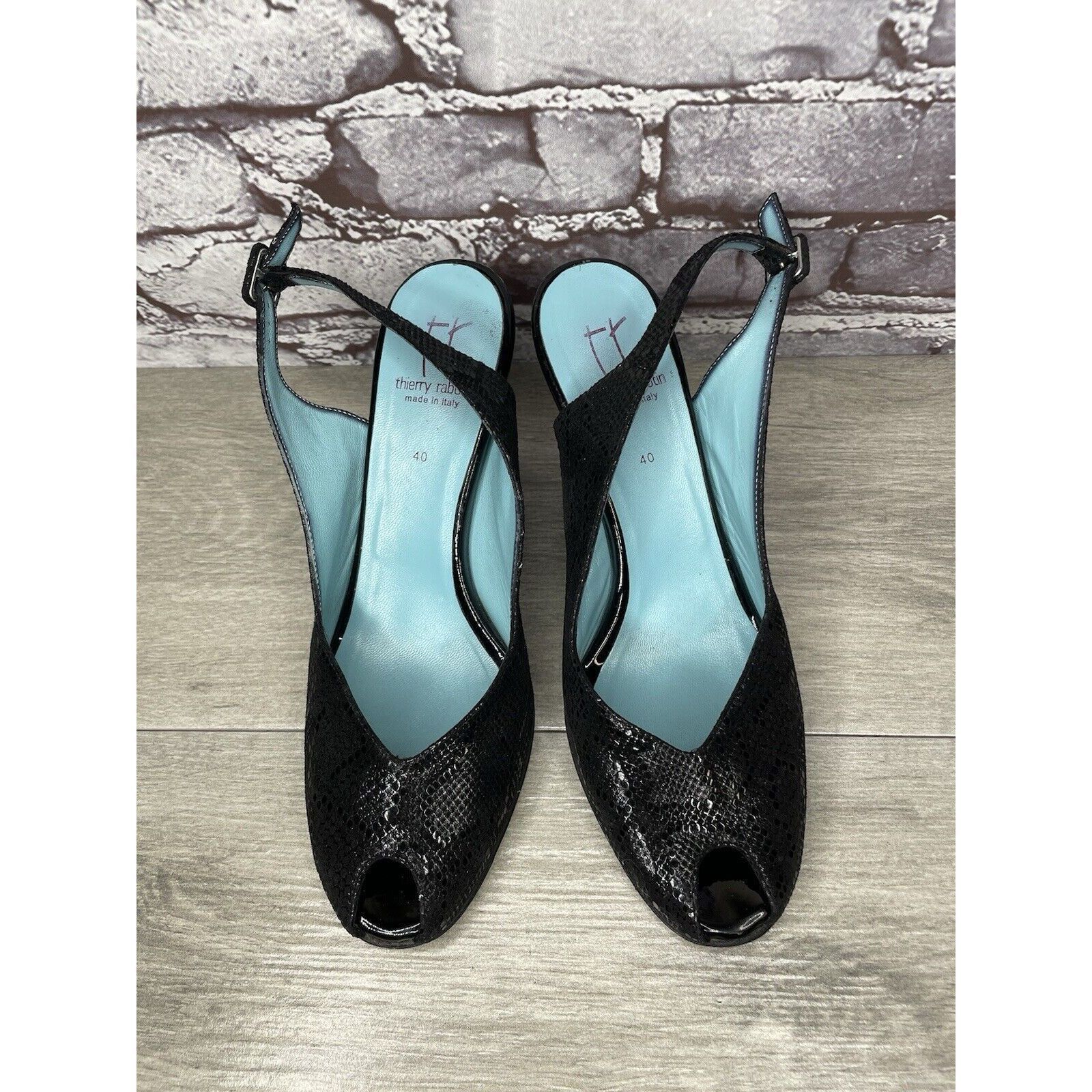 Other Thierry Rabotin Black Leather Snake Print Slingback Pump Hee Size US 9.5 / IT 39.5 - 20 Thumbnail