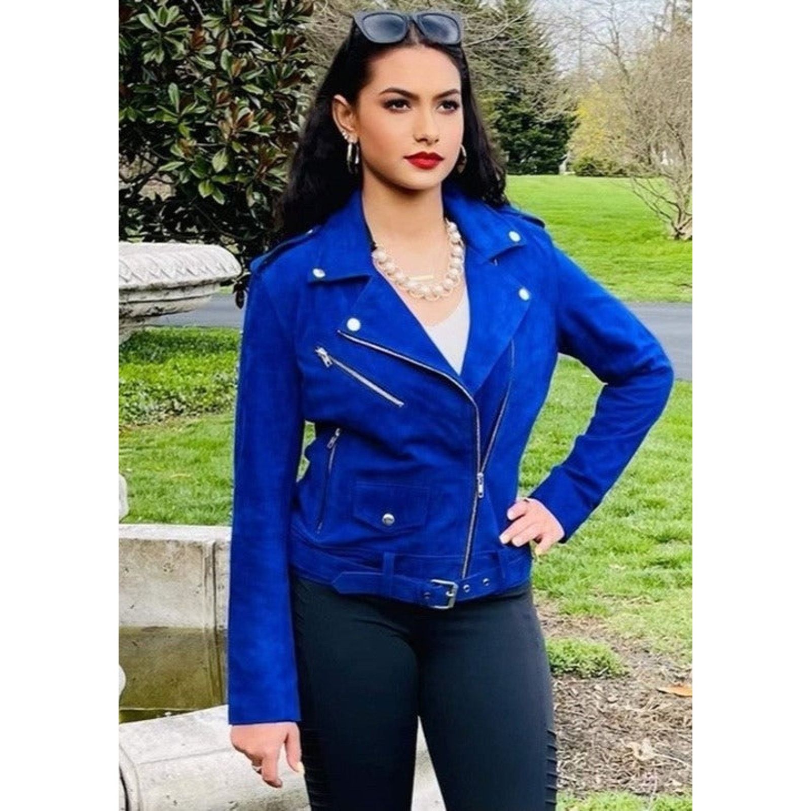 & Other Stories Sapphire Blue Suede Moto Belted Jacket Size S / US 4 / IT 40 - 5 Thumbnail