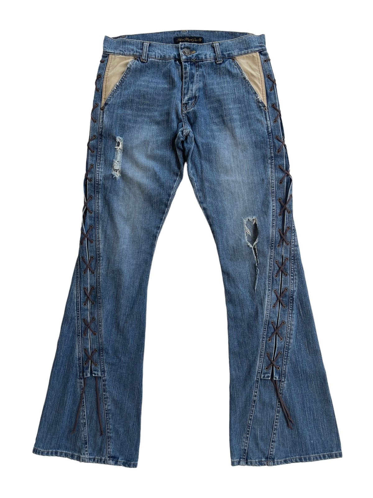 image of Distressed Denim x If Six Was Nine Japanese Avantgarde Distressed Flare Streetwear Jeans in Blue De