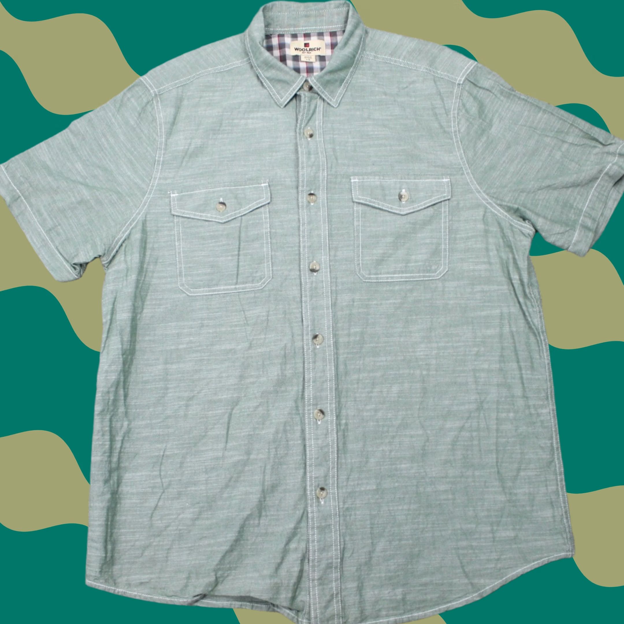 Vintage Woolrich Shirt Mens Large Green 100% Cotton Pockets Short Sleeve Button Up Size US L / EU 52-54 / 3 - 1 Thumbnail