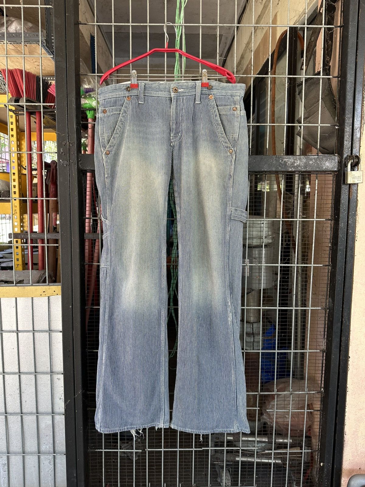 Vintage 👹THRASHED United Work Baggy Blue Striped Jeans Size US 35 - 2 Thumbnail
