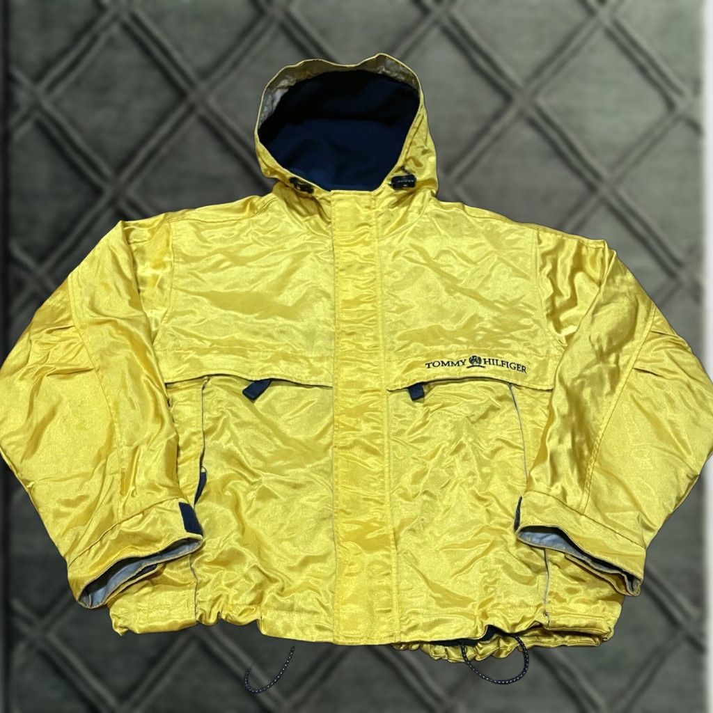 VINTAGE Tommy Hilfiger Jacket Yellow Mens Large Hoodie Parka Coat Rain VTG Sailing